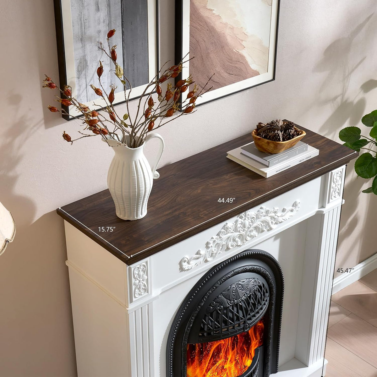 45" Birdcage-Style Electric Fireplace with Mantel, Tall Fireplace TV Stand