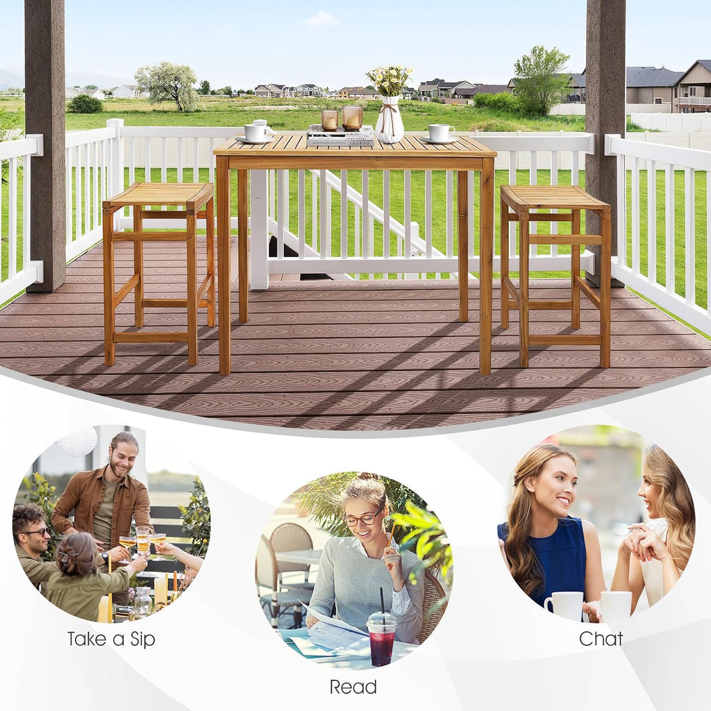 Tangkula Outdoor Acacia Wood Bar Table, 45” Rectangular Bar Height Farmhouse Rustic Dining Table with Slatted Tabletop, for Patio Porch Garden Deck, Teak Finish