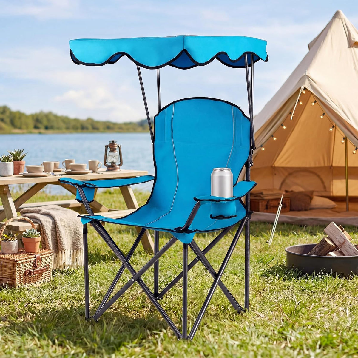 gymax camping chair, folding outdoor lawn chair with shown in use