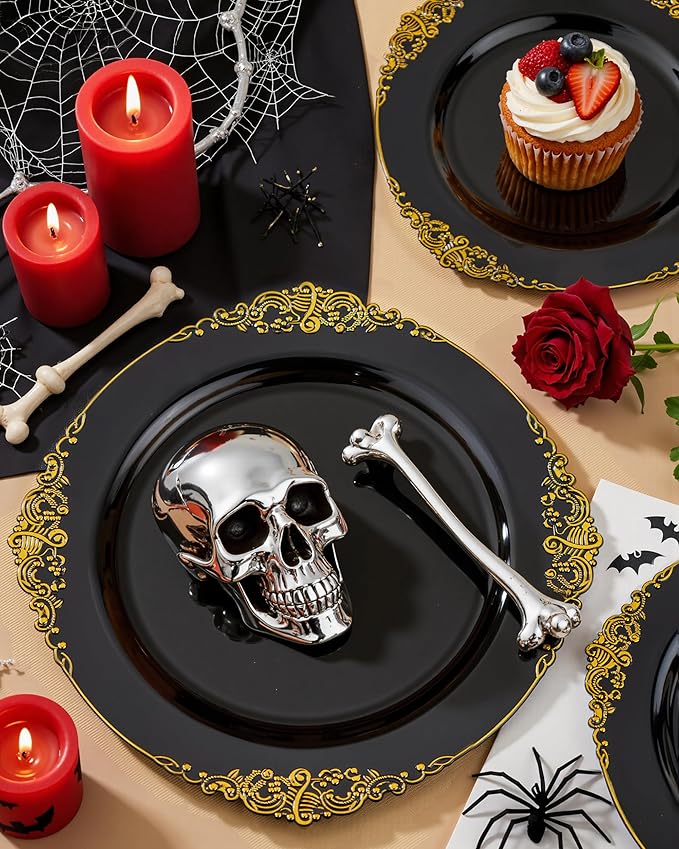 Nervure 350PCS Black Plastic Plates - Black Plastic Dinnerware Sets for 50 Guests - 100 Disposable Plates, 150 Gold Silverware, 50 Cups, 50 Napkins for Wedding & Party & Halloween