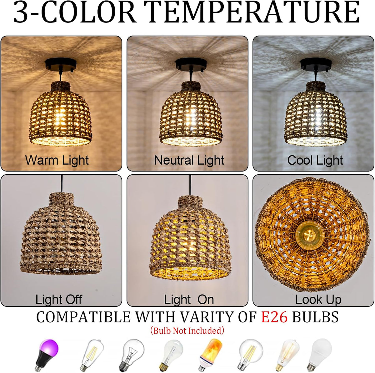 rattan pendant light,mini seagrass hanging light, close-up detail
