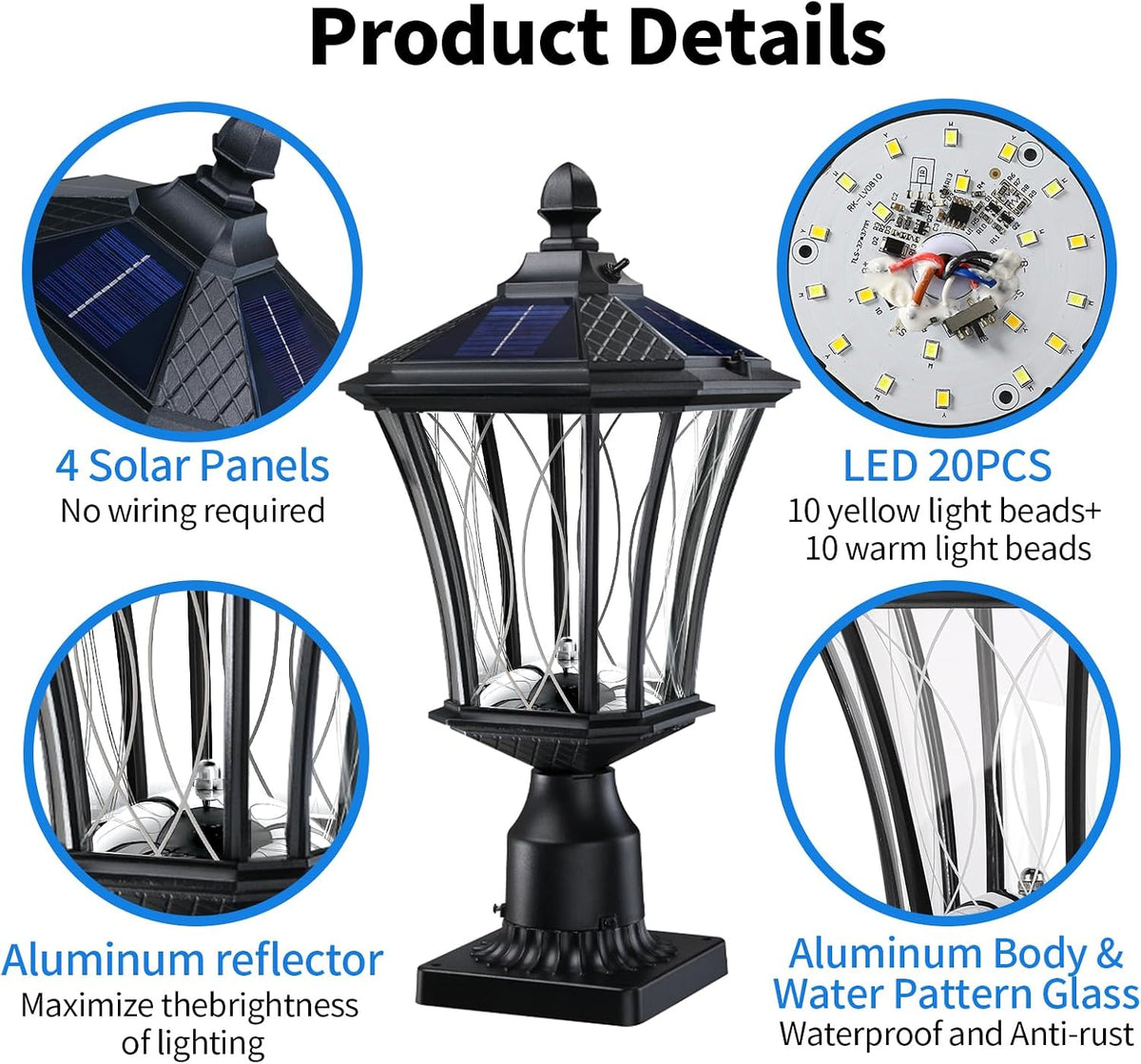 19.6" Solar Post Lights, Dusk to Dawn Solar Lamp Post Light, Black, 1 Pack
