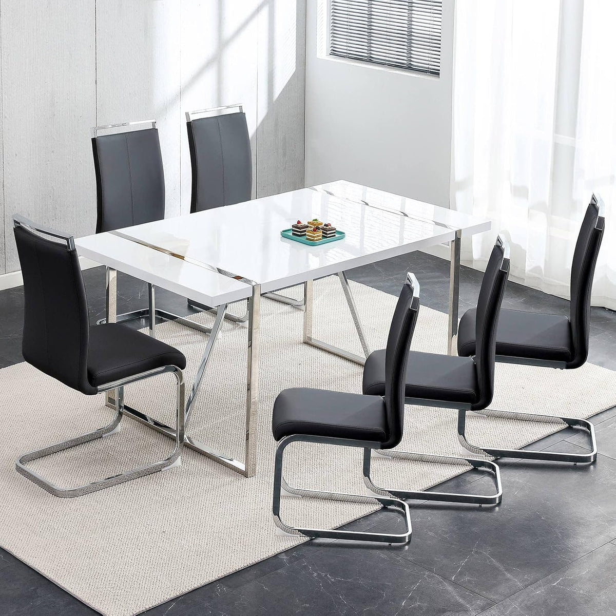 Ebullient Dining Table Set for 6，White Rectangular MDF Kitchen Table and Leather Dining Chairs Set of 6, 7 Piece Dining Table Set，Modern Dining Room Table Set 6 with Metal Frame for Kitchen