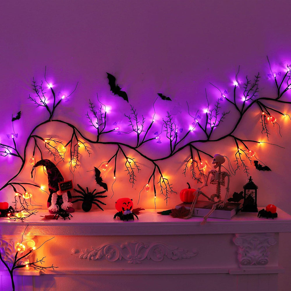 9 FT 72 LED Willow Vine Twig Decor Black Halloween Garland with Pumpkin &...