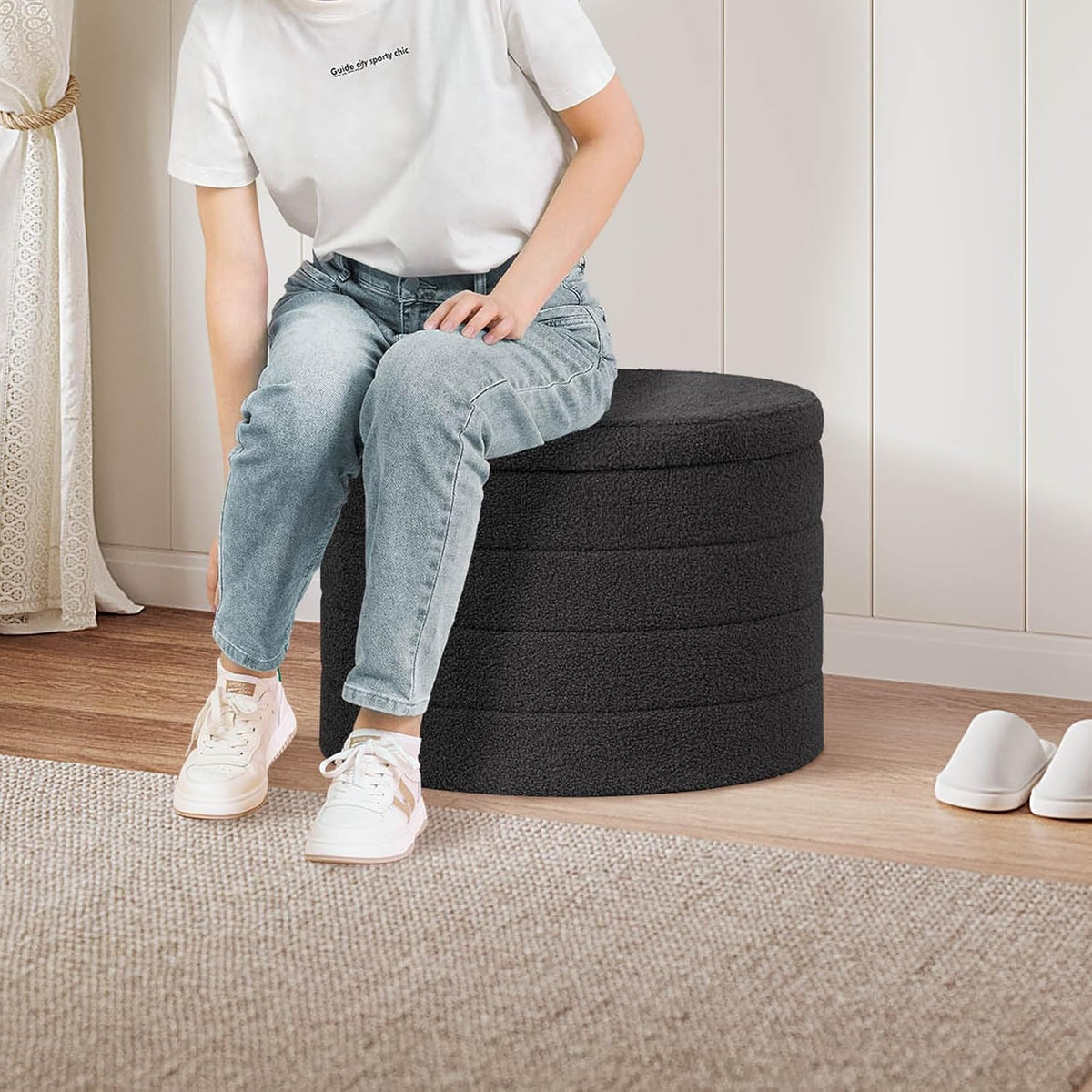 PINPLUS Round Storage Ottoman, Foldable Sherpa Ottoman Footstool Storage with Coffee Table for Living Room, Bedroom, Dorm (Dark Grey)