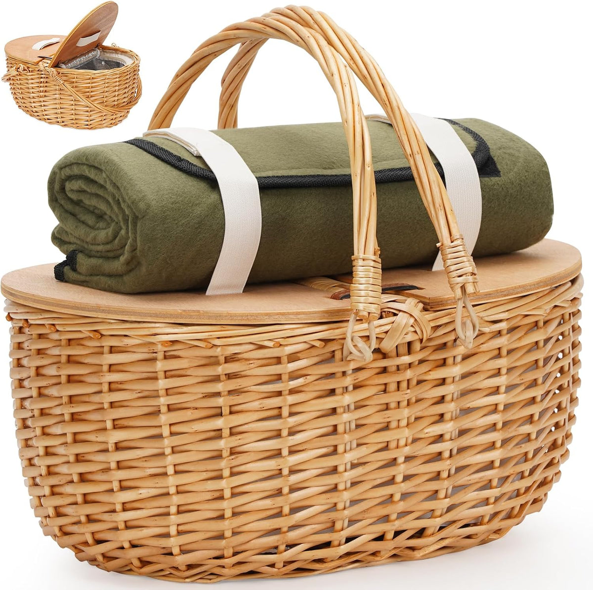 15" Cooler Picnic Basket with Blanket, Wooden Split Lid Picnic Basket