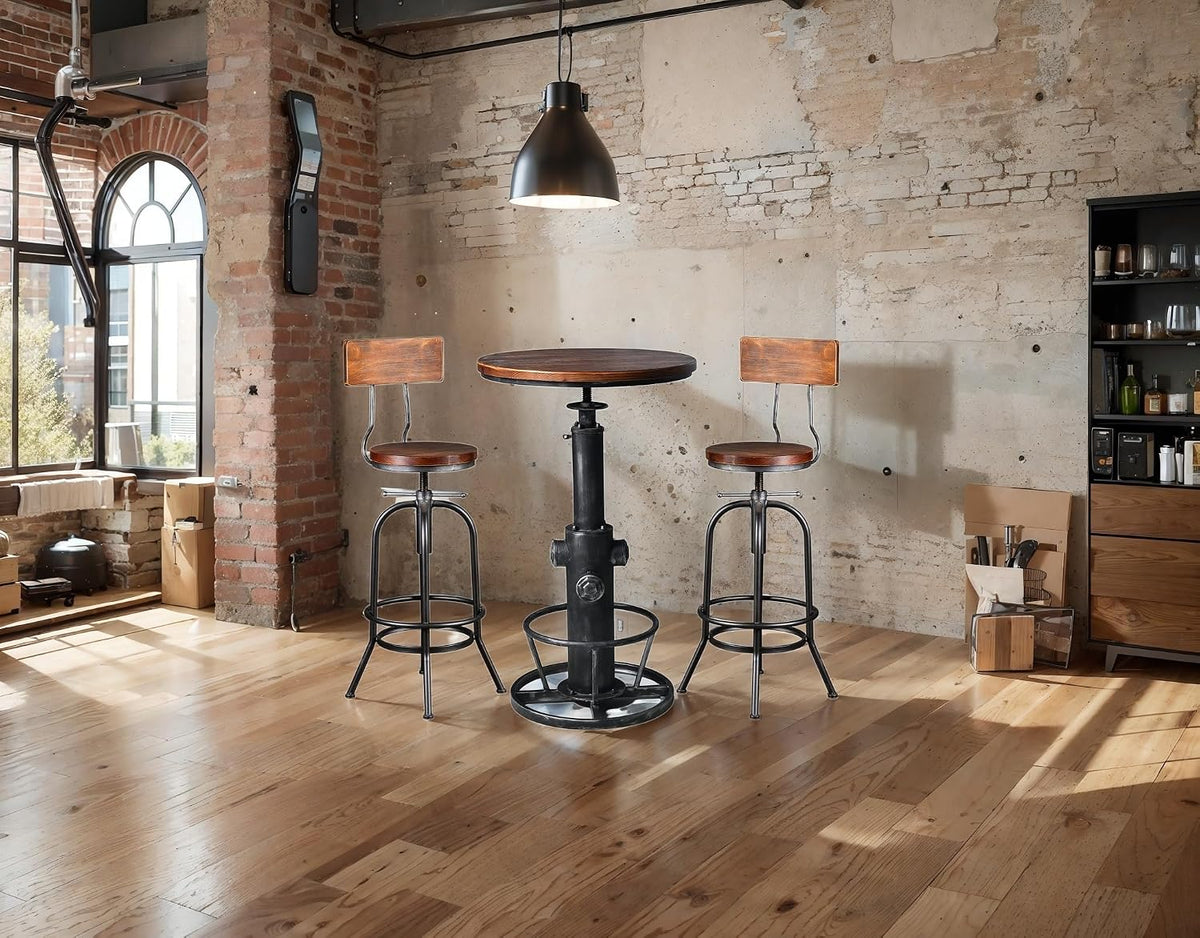 LOKKHAN 3-Piece Bar Table (38.6"-48.4") & 2 Backrest Stools (26"-32") Set for Pub Kitchen Dining Living Party Bistro Breakfast, Swivel Top, Height Adjustable, Most Weld, Space-Saving