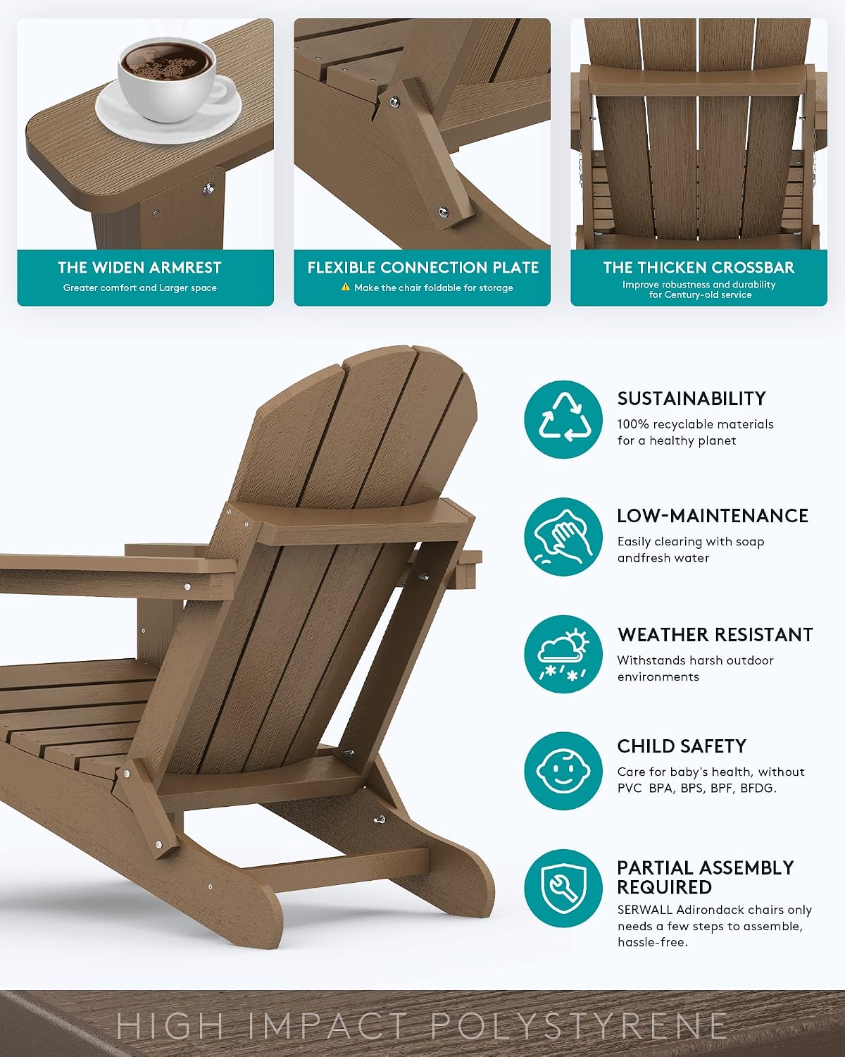 SERWALL Folding Adirondack Chair Set of 2, Cup Holder, Wood Texture -Brown