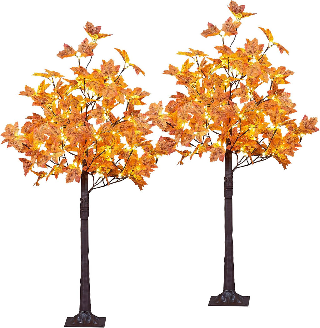 LIGHTSHARE 2PCS 4FT 144LED(72LED Each) Artificial Lighted Maple Tree Warm White Halloween Fall Decorations Indoor Outdoor, Orange