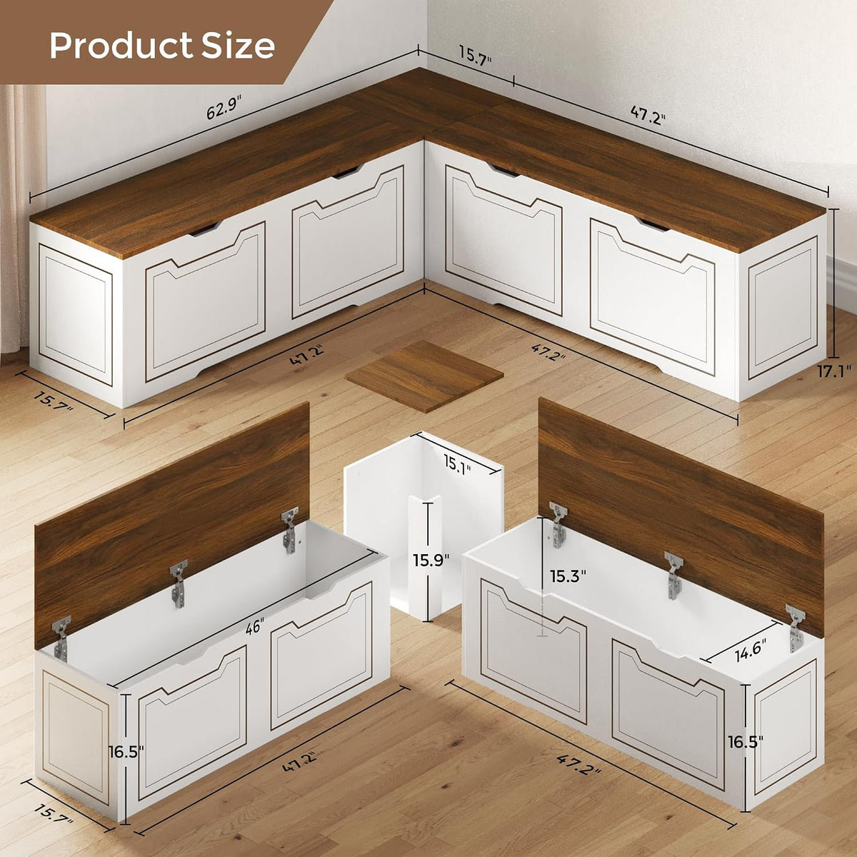 L Shaped Storage Corner Bench, 63" Breakfast Nook, Flip-Top Storage Compartment Bench for Entryway, Kitchen, Dining Room, Hallway Cloakroom Organization, Bench Only