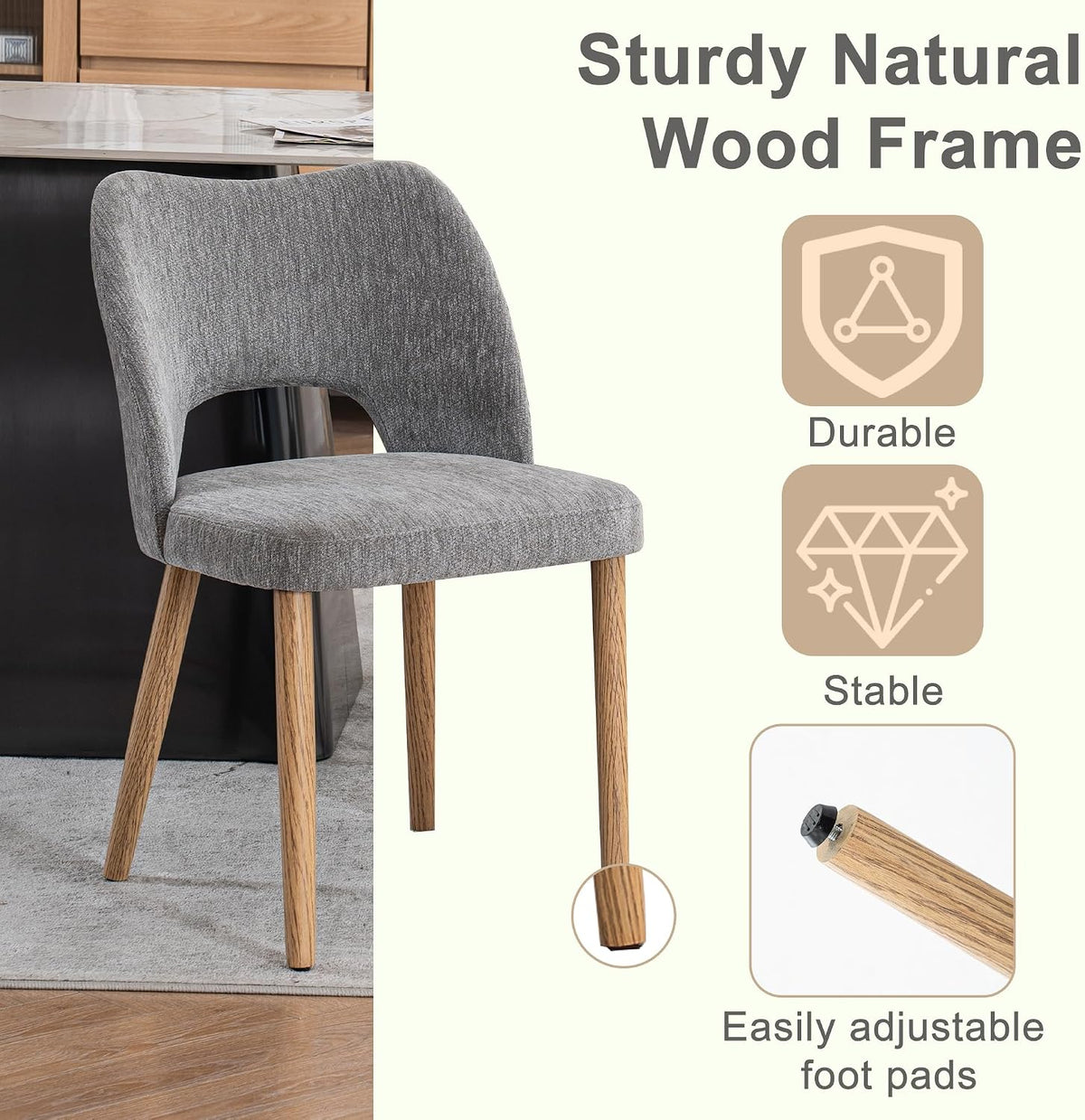 Modern Dining Chairs Set of 2, Upholstered Fabric Kitchen Chairs with Butterfly Hollow Back, Solid Wood Legs, Easy Assembly, Farmhouse Style for Kitchen & Dining Room, Gray