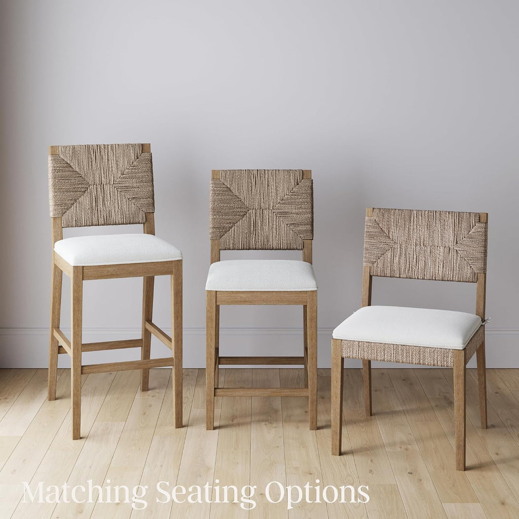 Beacon Boho Dining Chair Set of 4, Boucle Dining Chair with Seagrass Accent and Solid Wood Legs, Cream Boucle/Light Brown