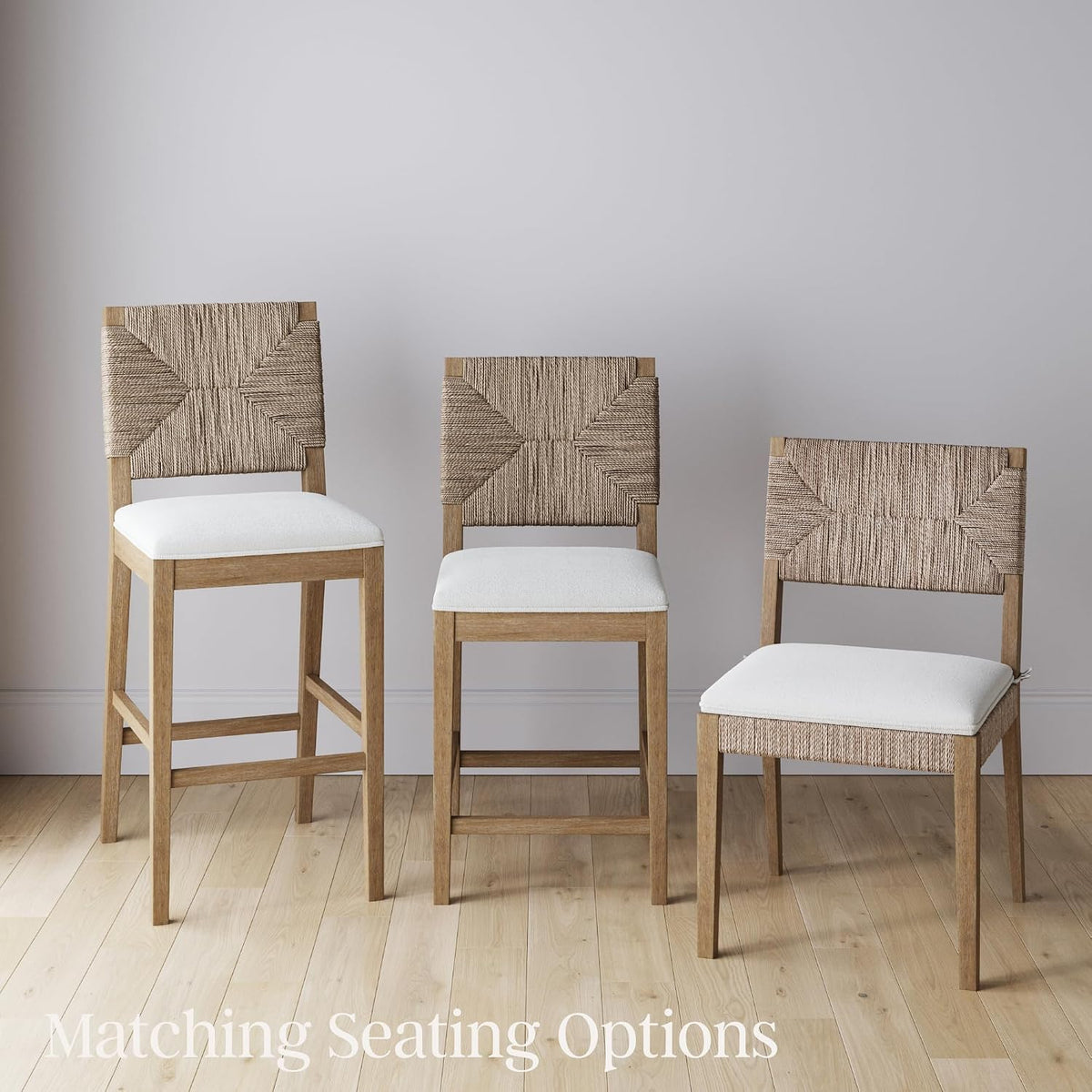 Beacon Boho Dining Chair Set of 4, Boucle Dining Chair with Seagrass Accent and Solid Wood Legs, Cream Boucle/Light Brown
