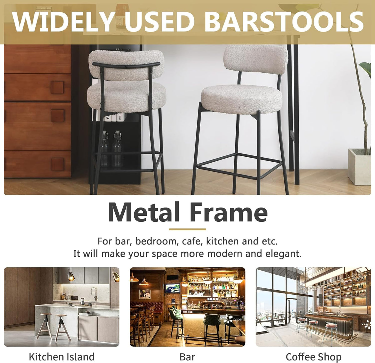 DYHOME Bar Stools Set of 4,Gray 28 Inch Counter Height Bar Stools with Back, Upholstered Boucle Barstools,Mid-Century Modern Bar Chairs for Kitchen Island, Dining Room,Living Room