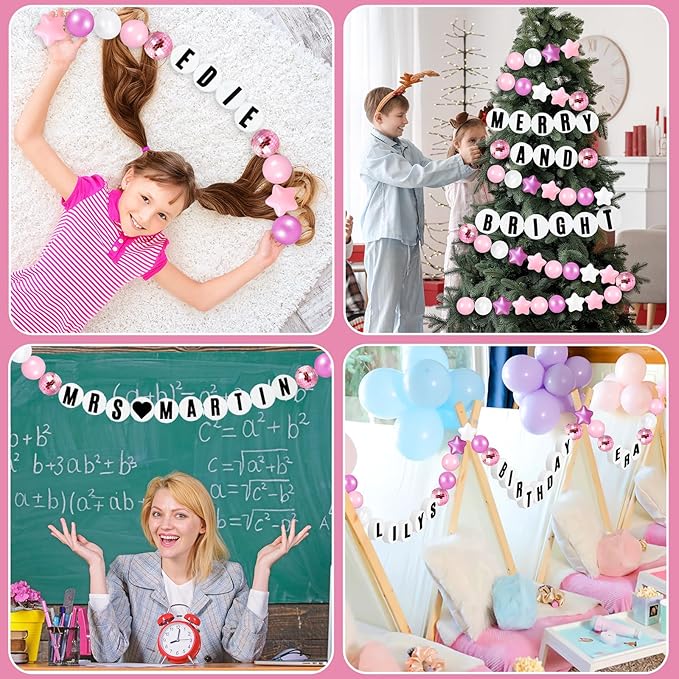 Giant Friendship Bracelet Garland Kit, DIY Birthday Banner with Letters Ball Jumbo Customizable Friendship Bracelet Decor for Halloween Christmas Wedding Party(White, Pink)