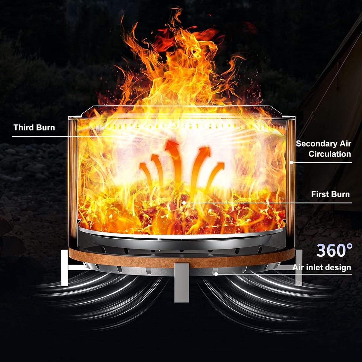 outvue 27 inch stainless steel smokeless fire pit, side view