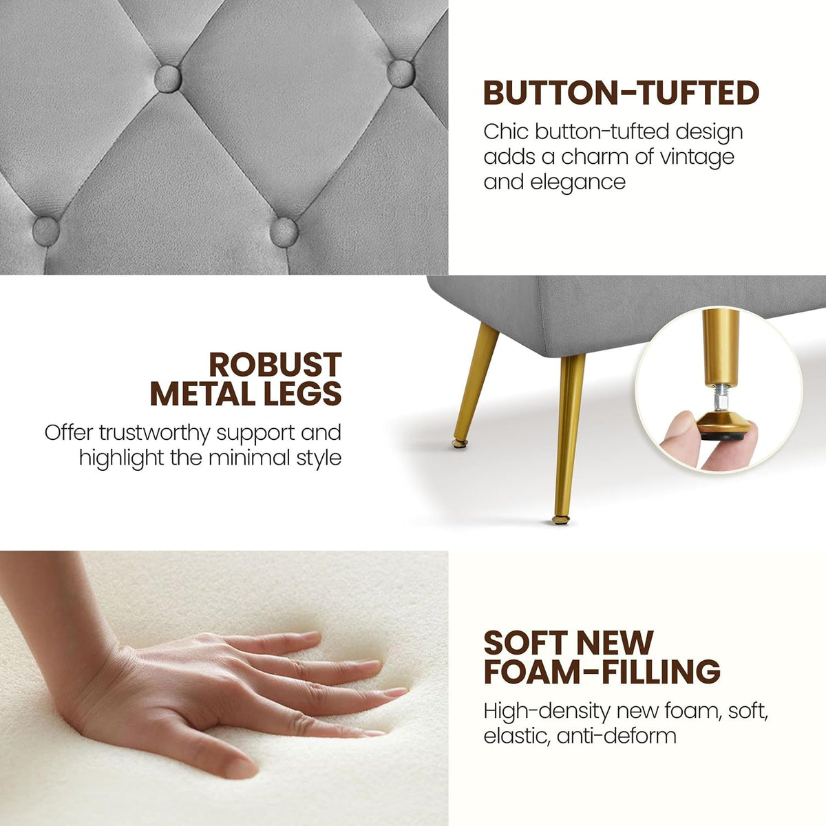 Yaheetech 45in Upholstered Velvet Ottoman Bench Seat with Gold Legs, Gray