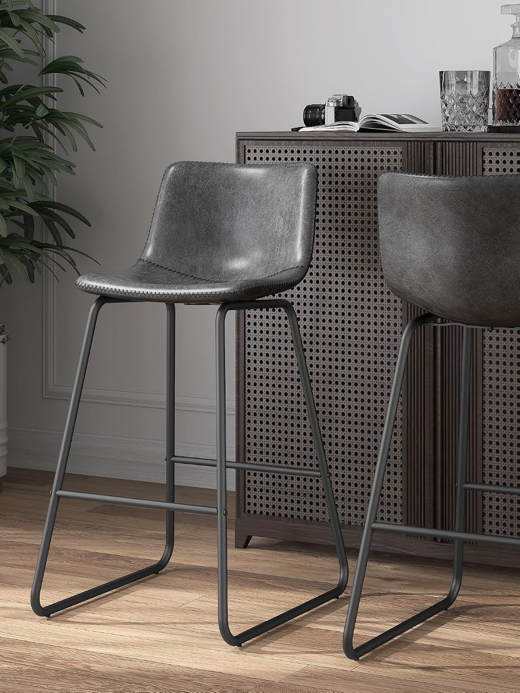 26in Bar Stools Counter Height Chairs Set of 3 Metal Legs (Gray)