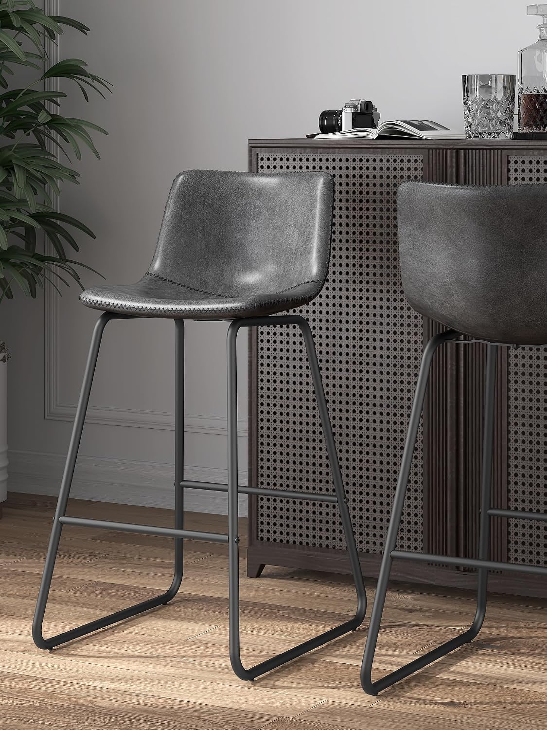 26in Bar Stools Counter Height Chairs Set of 3 Metal Legs (Gray)