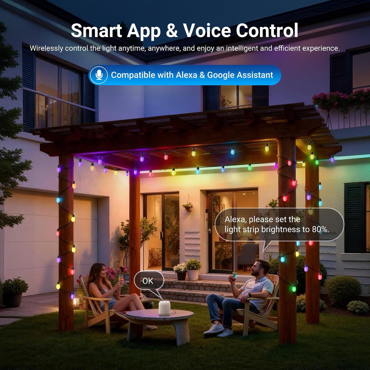 NEEWER 48ft Outdoor String Lights, App Control Smart AI RGBW Hanging, NR01