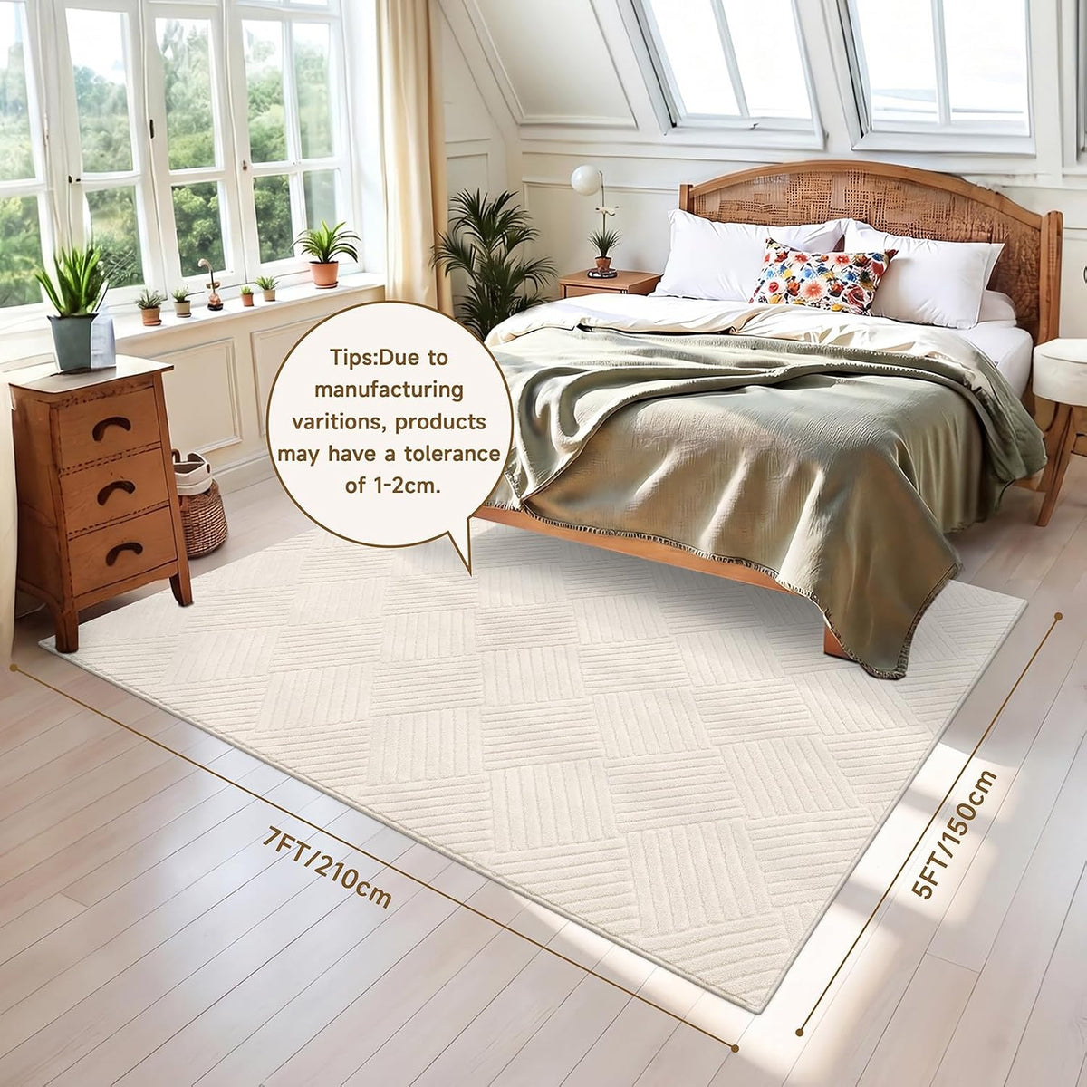 Vaukki 5x7 Living Room Area Rug, Beige Soft Geometric Fluffy Bedroom Mat