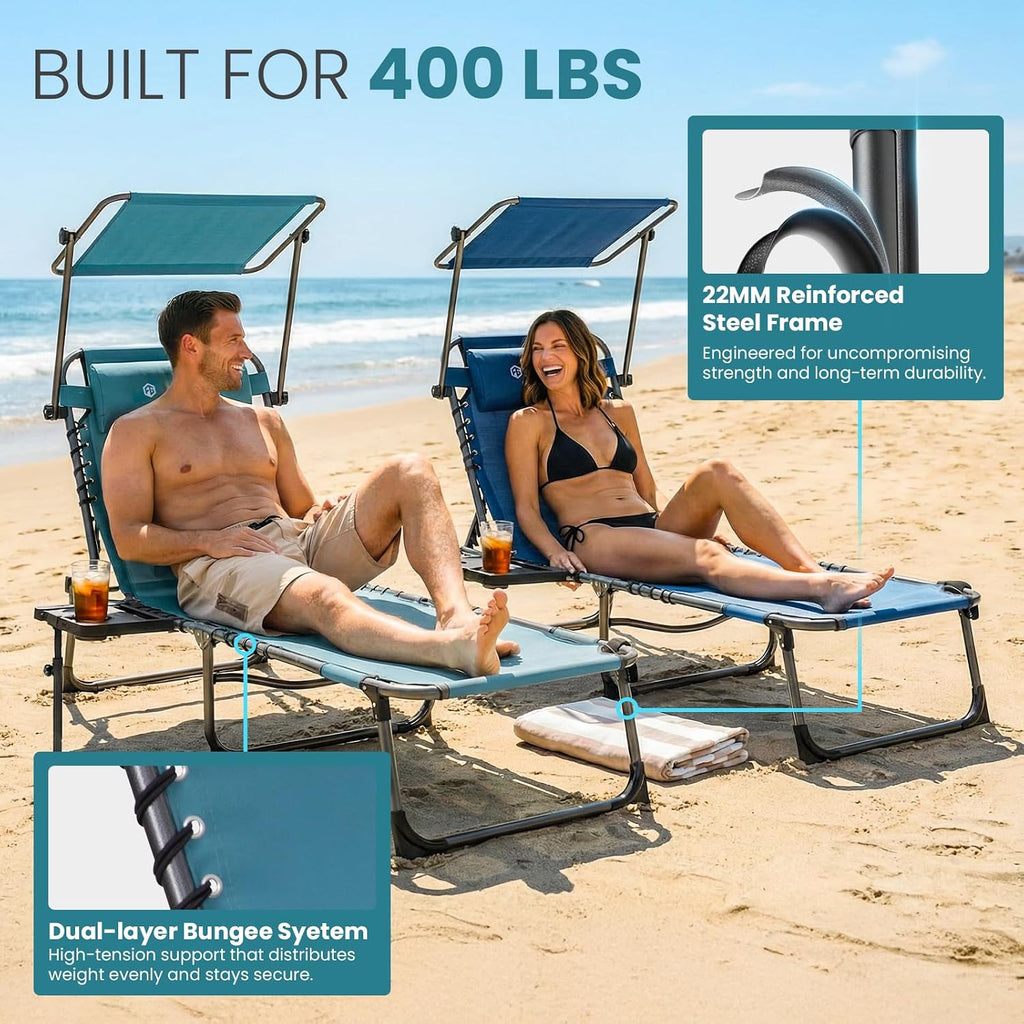 FUNDANGO 400lbs Heavy Duty Tanning Chair with Face Hole & Canopy, Cyan