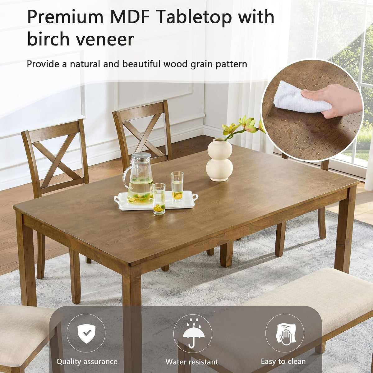 Merax 6-Piece Wood Kitchen Dining Table Set, 58.5" Rectangular Table with 4 Upholstered Chairs & 1 Bench, Rubberwood Legs Modern Elegant Farmhouse for Kitchen Room, Oak