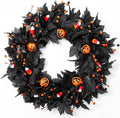 Pumpkin Halloween Wreath 24 Inch Black Maple Leave Wreaths for Front Door with Ghost Pumpkin Orange Berries for Indoor Window Wall Halloween Party