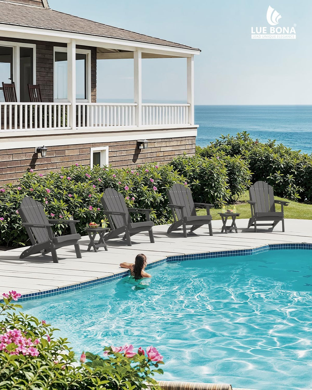 LUE BONA Folding Adirondack Chair, Cup Holder, Woodgrain, Fire Pit, Patio, Pool, Dark Grey