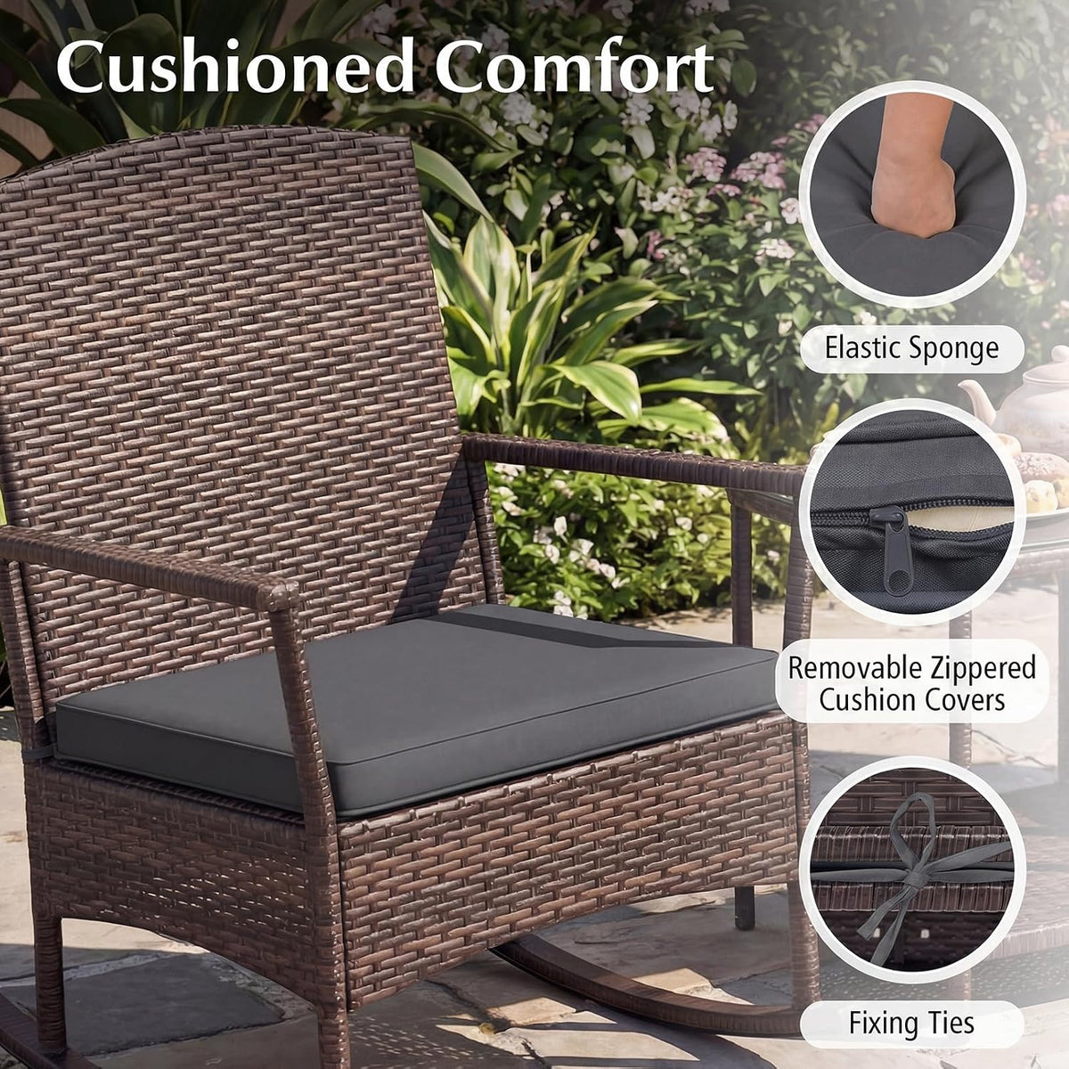 ORALNER 3 Pieces Patio Rocking Chair, Wicker Bistro Set w/Cushions (Gray)