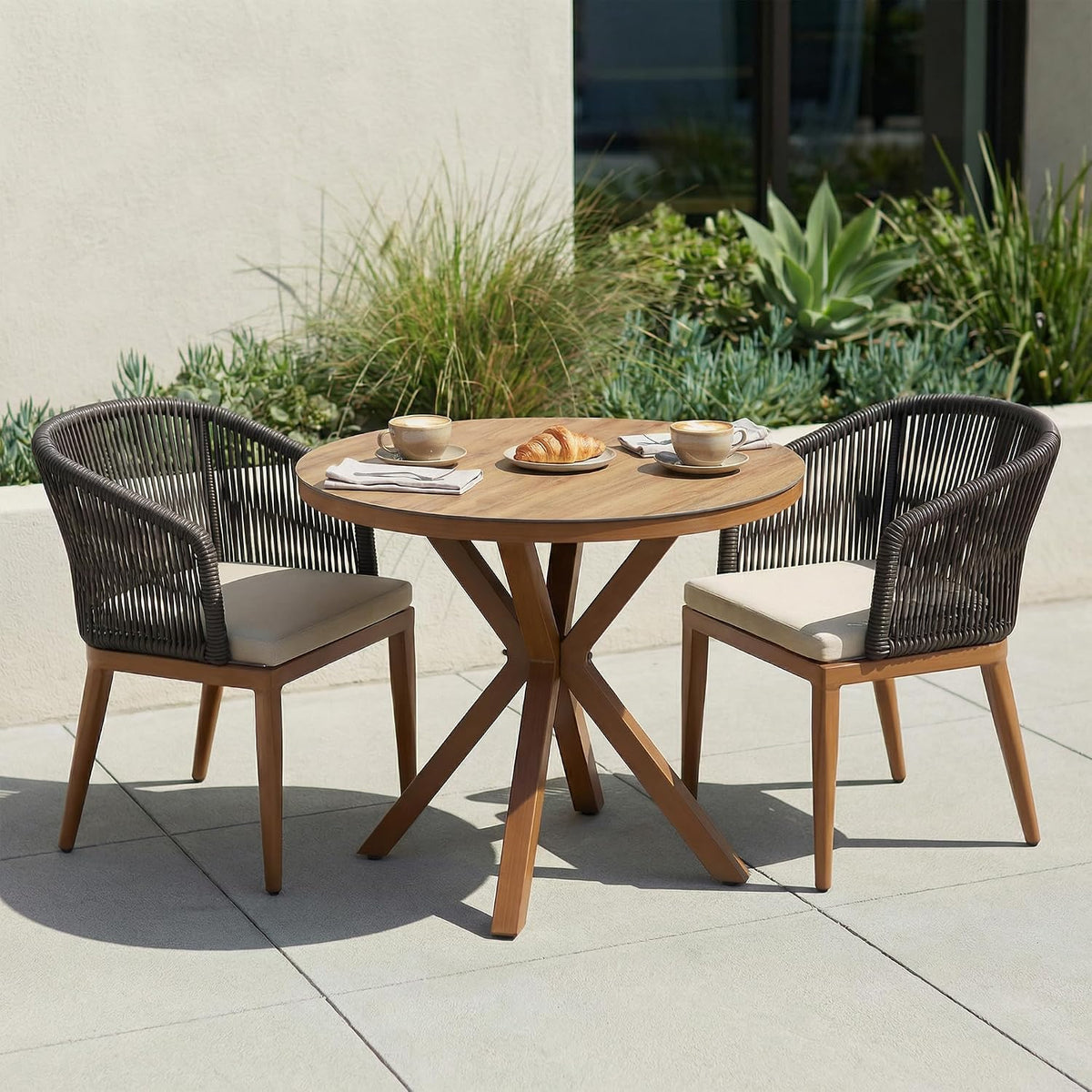 PURPLE LEAF Outdoor Round Dining Set for 2 with Sunbrella Cushion Deep Teak