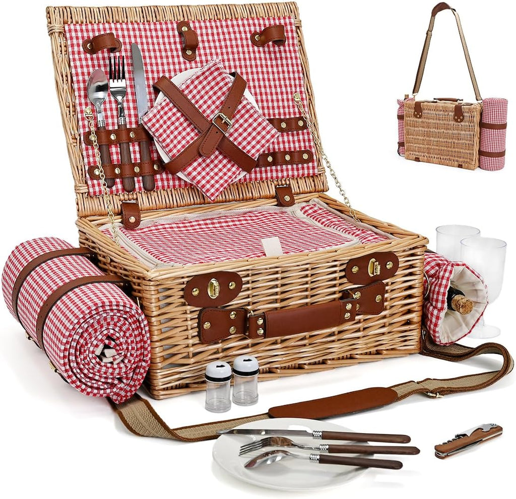Picnic Basket with Blanket and Wine Pouch for 2, Wicker Picnic Set with Insulated Liner Cooler Bag Hamper for Camping,Wedding - Red Gingham