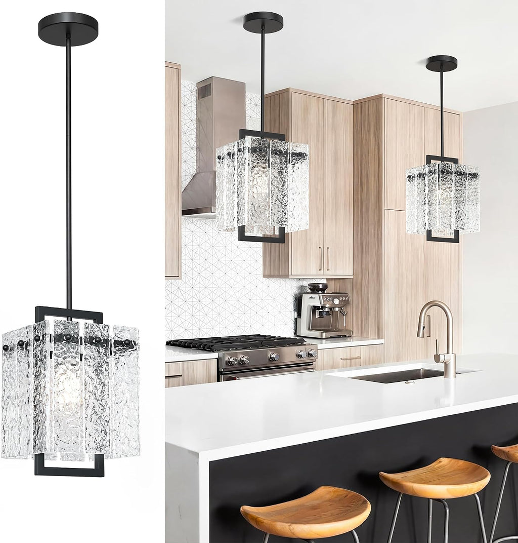 Modern Black Rectangle Chandelier, Black 7" Pendant Lights Kitchen Island with Water Ripple Glass, Pendant Light Fixtures for Dining Room, Living Room, Kitchen Island