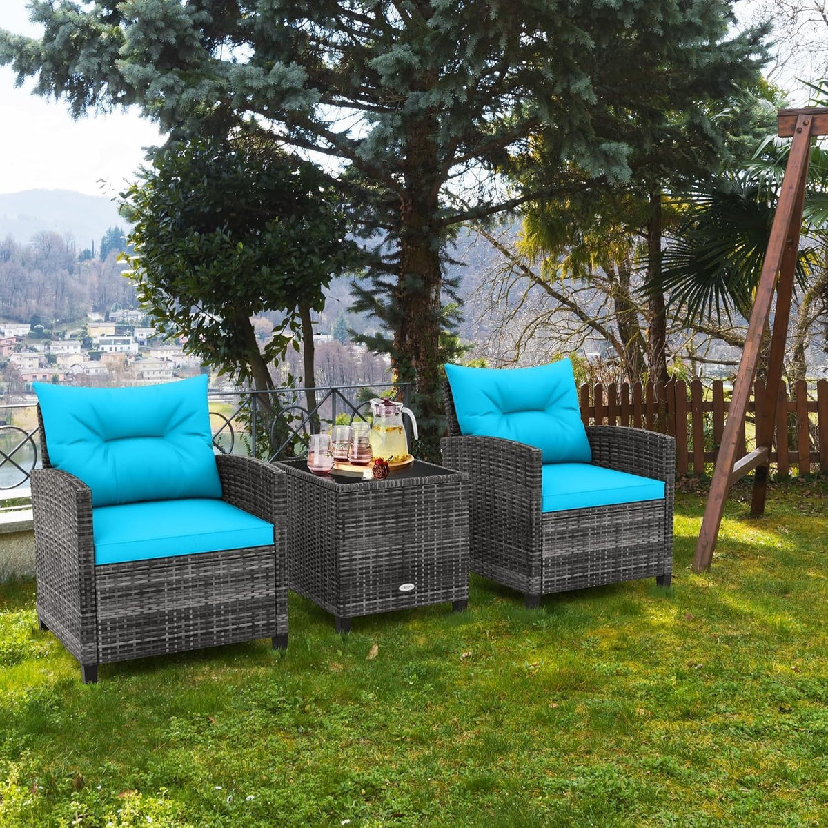 LDAILY Patio Furniture Set, 3 Pieces PE Rattan Wicker Patio Sofa Chairs with Washable Cushion & Glass Table, Outdoor Furniture Conversation Sets for Porch, Balcony, Garden, Poolside (Turquoise)