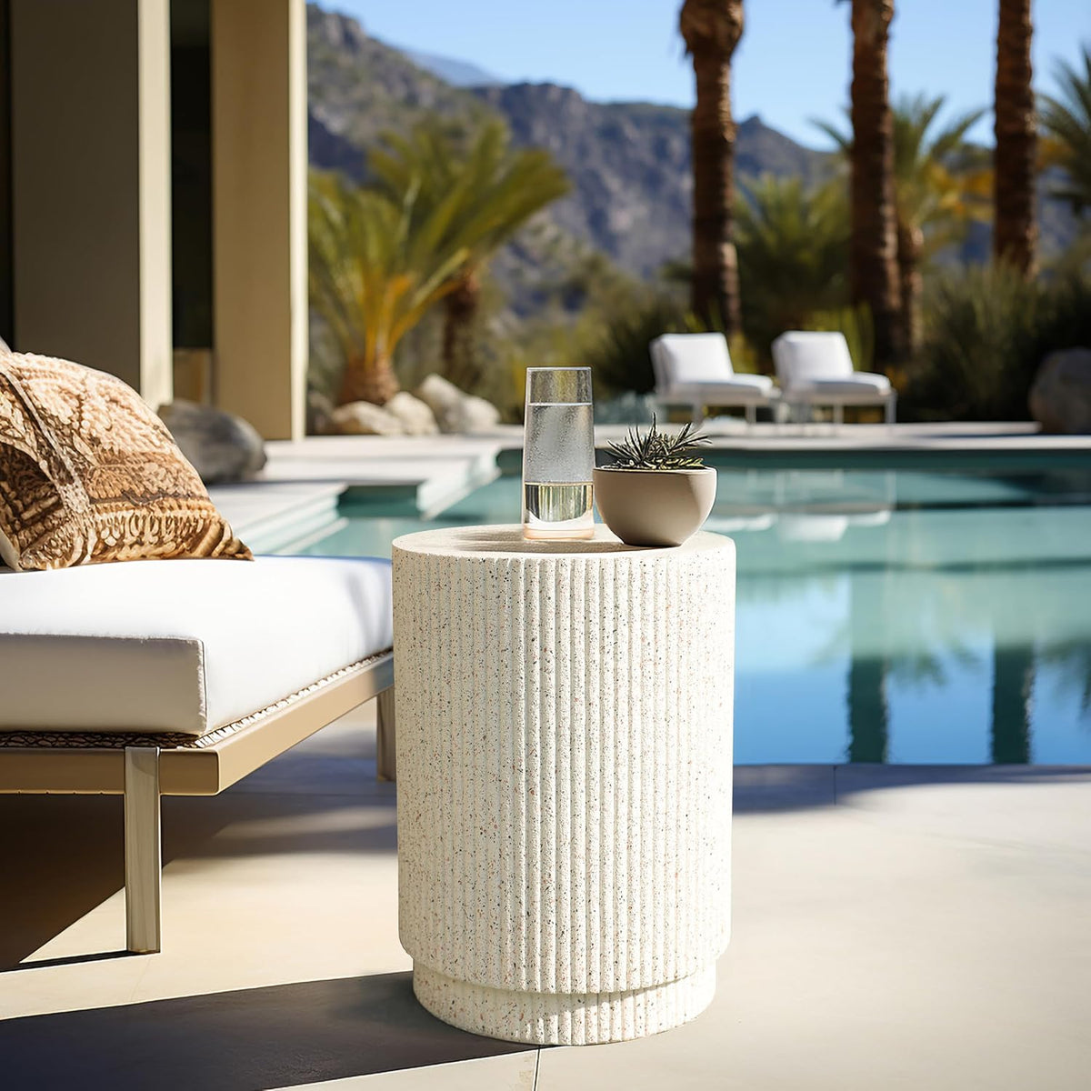 LuxenHome 18" Cement Outdoor Side Table, Cream Round End Tables for Patio