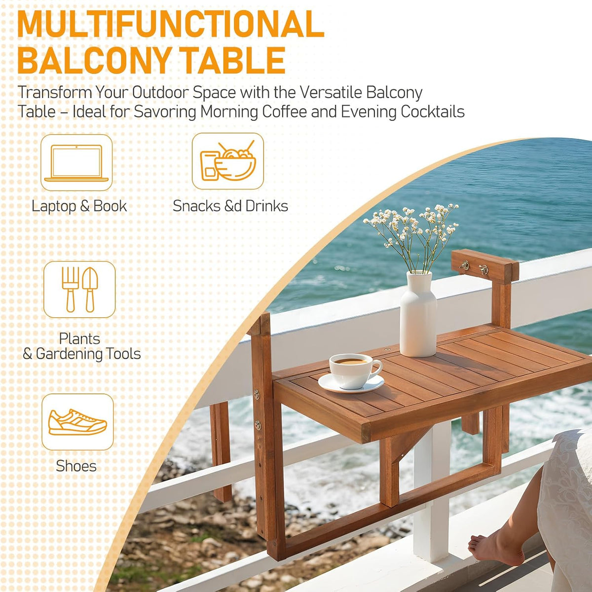 outvita acacia wood folding balcony bar table, rectangular, close-up detail