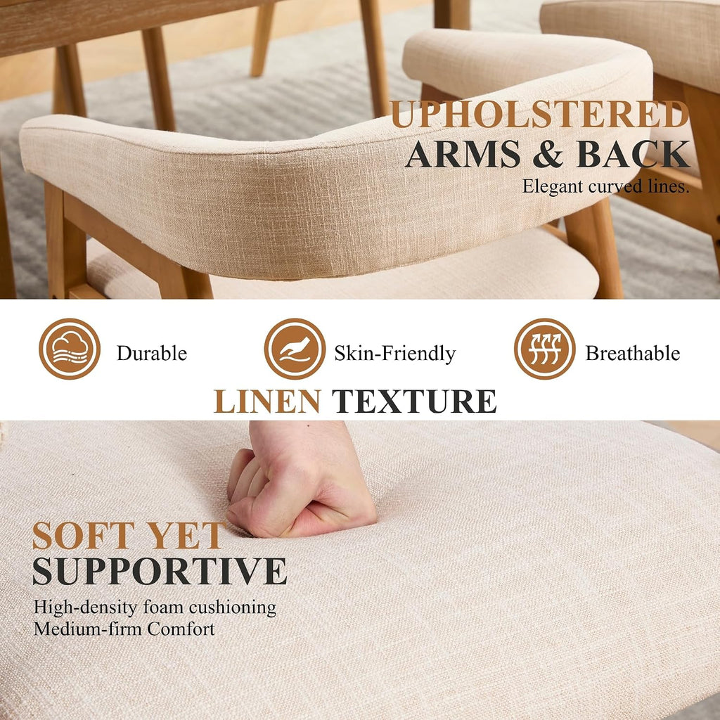 CIMOTA Modern Barrel Dining Chairs with Arms Set of 6, Upholstered Fabric Kitchen & Dining Room Chairs with Open Back/Solid Wooden Base, Comfy Side Chairs, Linen Beige