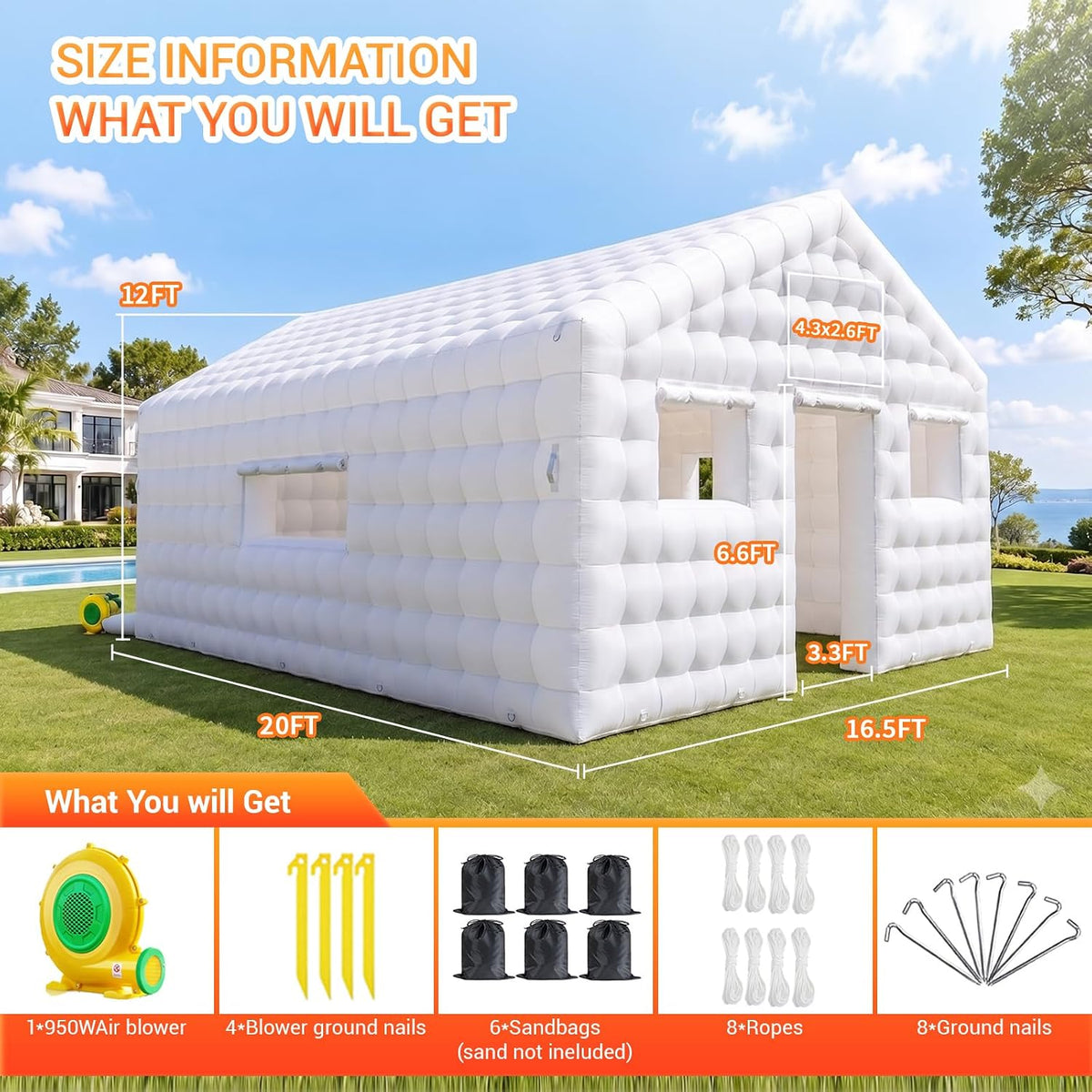 CZGBRO Inflatable Nightclub 20x16.5x12 FT, Large Party Tent with 2 Doors & Logo Area, Ideal for Birthdays, Backyard Events, Weddings & Rental Use(White)