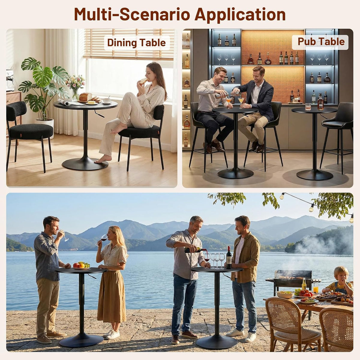 Furniliving Adjustable Height Pub Table 27''-36'', Round Cocktail Tables for Parties, High Top Table for Bistro, Dining Room, Restaurant, Cafe, Events, Set of 2, Black
