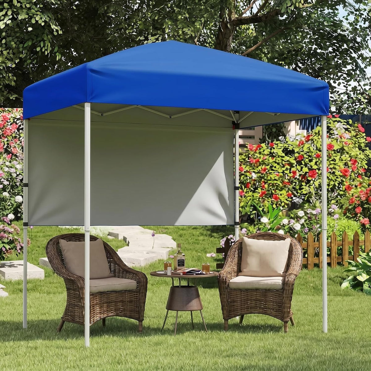 Goplus 6 x 4 FT Pop Up Canopy, UPF50+ Easy Setup Tent w/ 1 Half Sidewall, Silver-Coated Top, Foldable Outdoor Gazebo w/Carrying Bag, Sun Shelter Tent for Events, Sports, Camping, Markets (Blue)