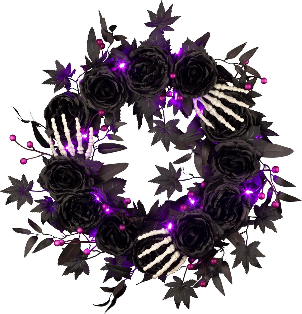 National Tree Company, 24inch Artificial Bad to The Bone Halloween Wreath, 30 Purple LED Lights,