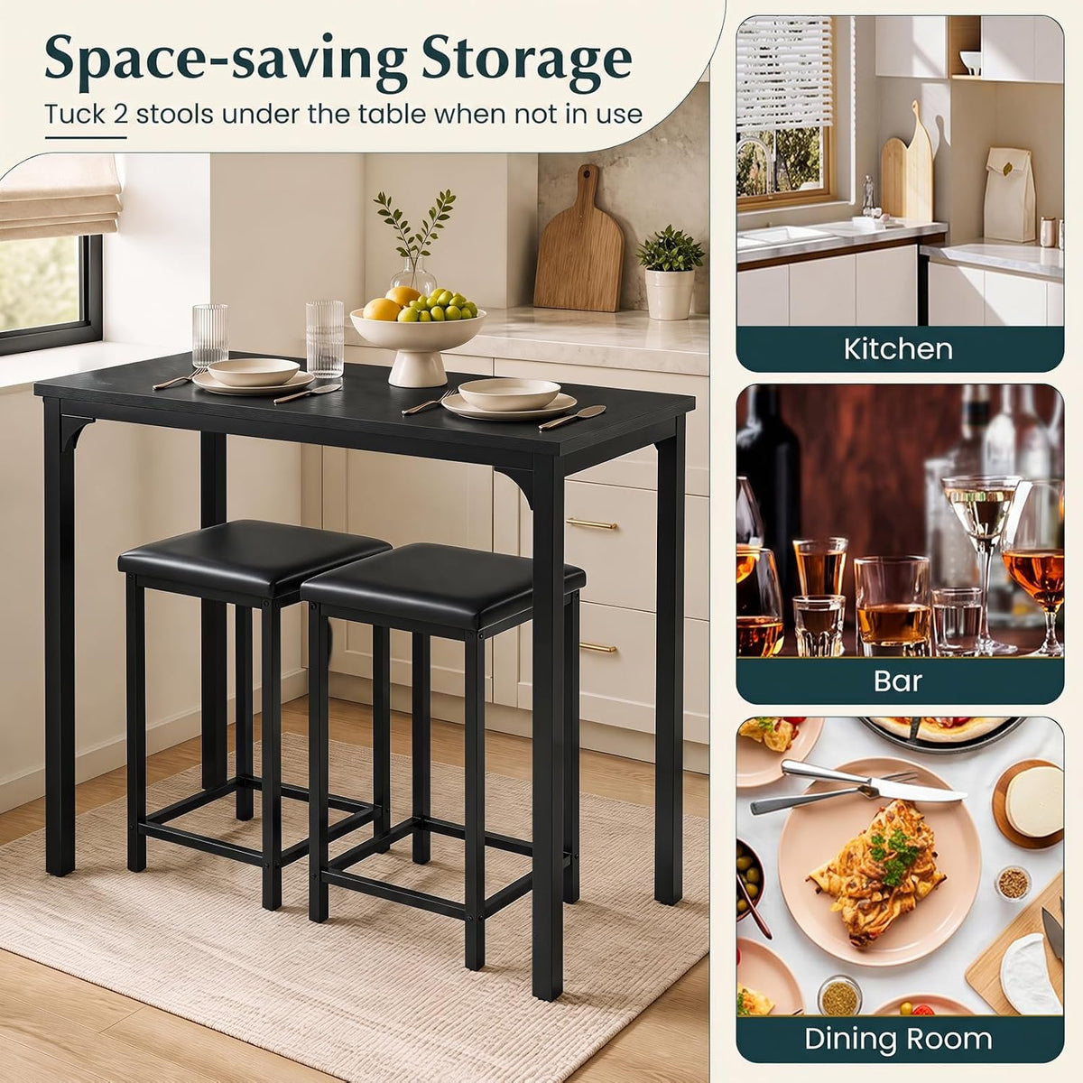 COSTWAY Dining Table Set, Counter Height Table & 2 Upholstered Stools