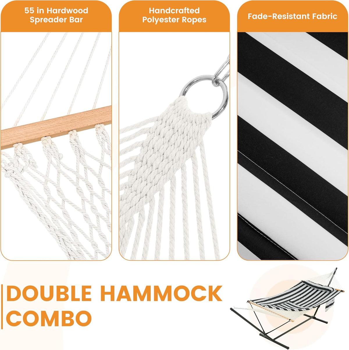 Lazy Daze Rope Hammock with Stand and Pad for Outside, Black White