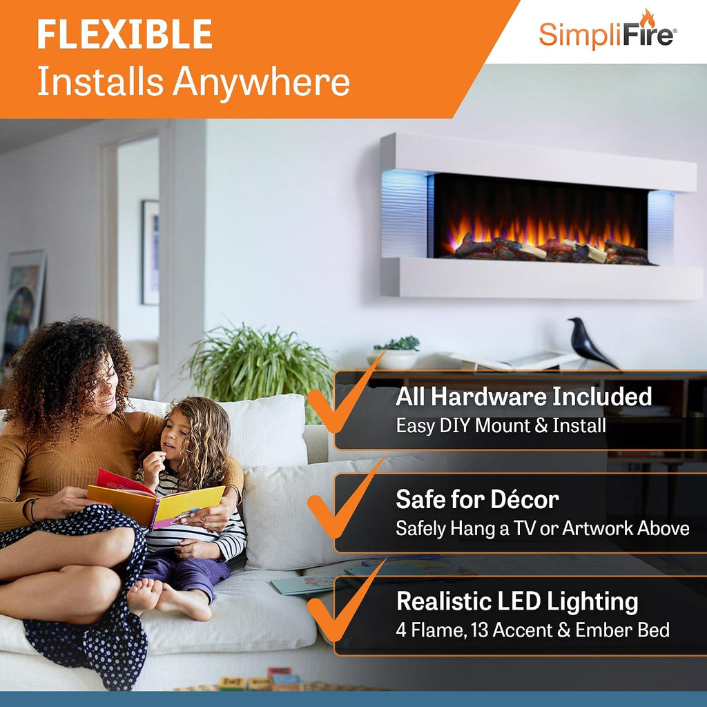 SimpliFire Format 36-Inch Wall Mount Electric Fireplace with 50-Inch Floating Mantel (SF-FORMAT36-SF-FM50-WH)