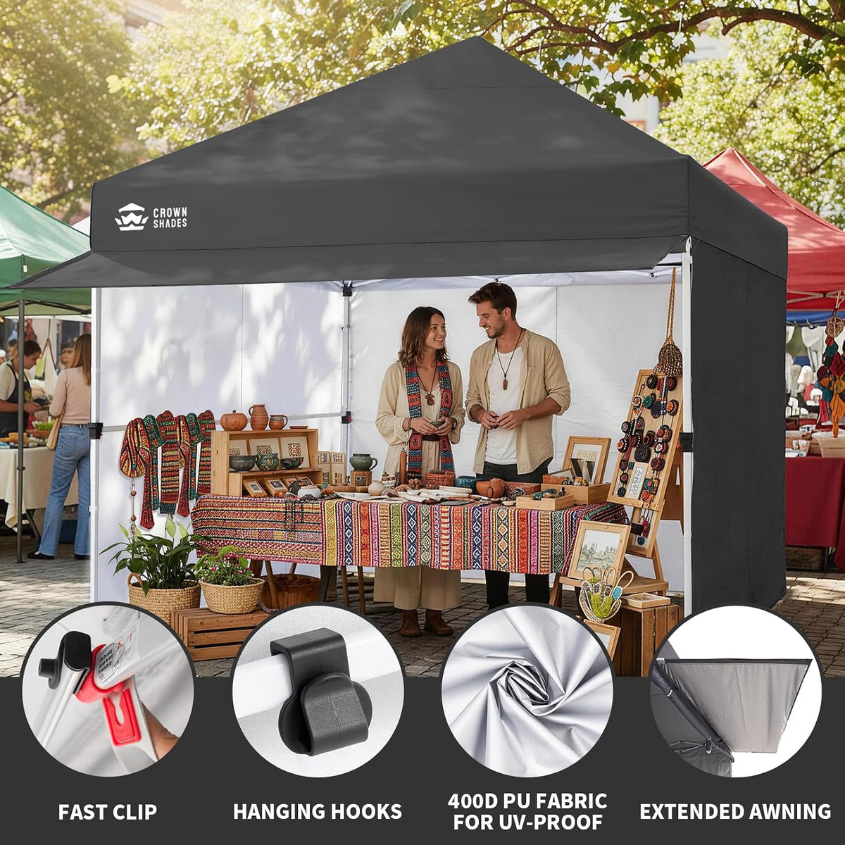 CROWN SHADES 10x10 Pop Up Canopy Tent with Canopy Awning&4 Sidewalls, Grey