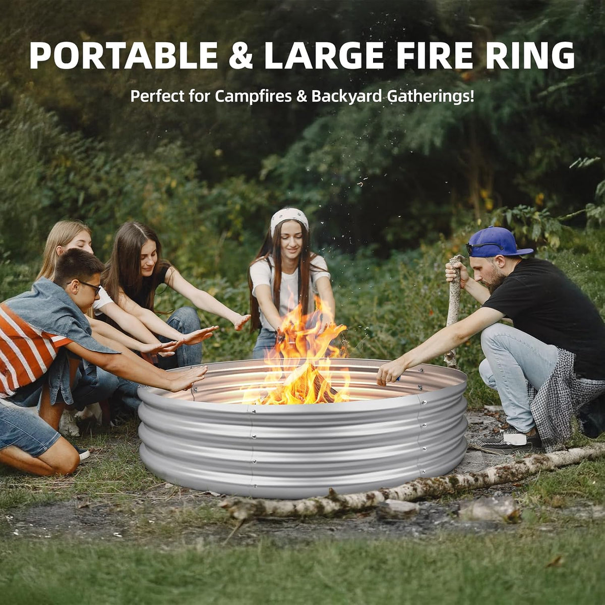 60 Inch Outdoor Fire Pit Ring, Wood Burning Large Metal Fireplace, Silver