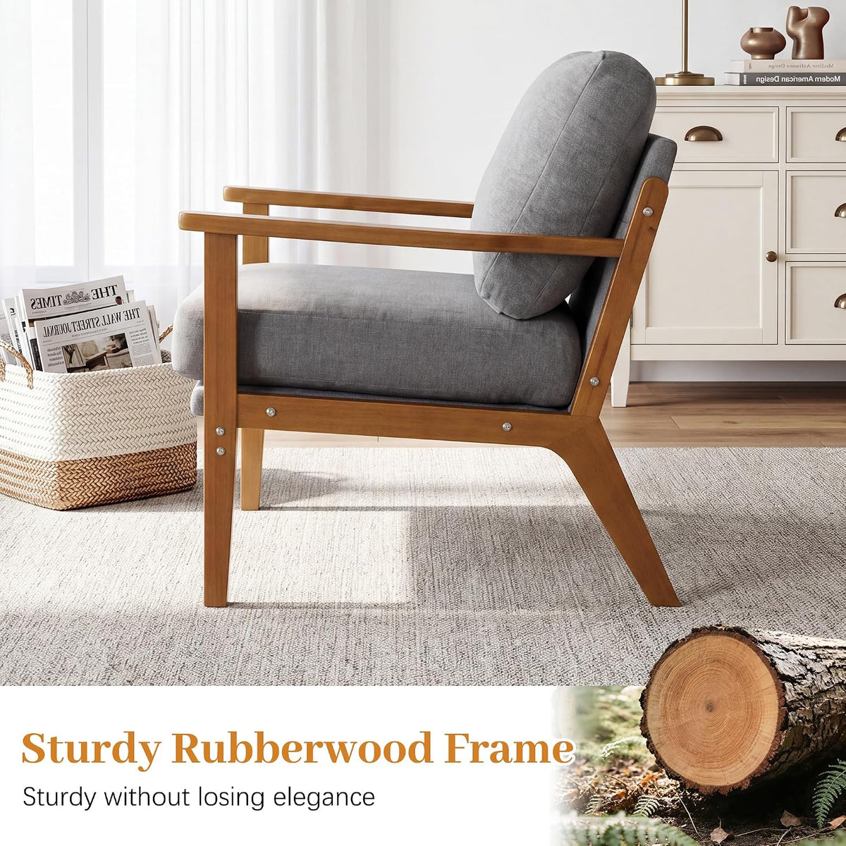 Mid-Century Modern Chenille Armchair, Walnut Frame Comfy Accent Chair, Grey