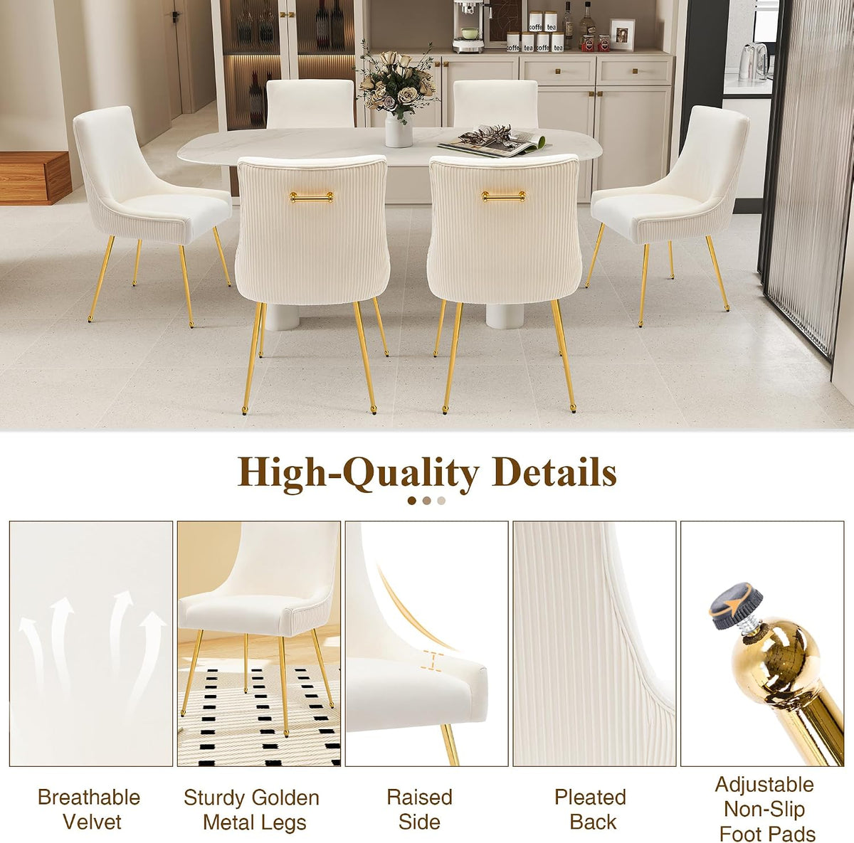 adochr Velvet Dining Chairs Set of 4 with Gold Metal Legs, Beige