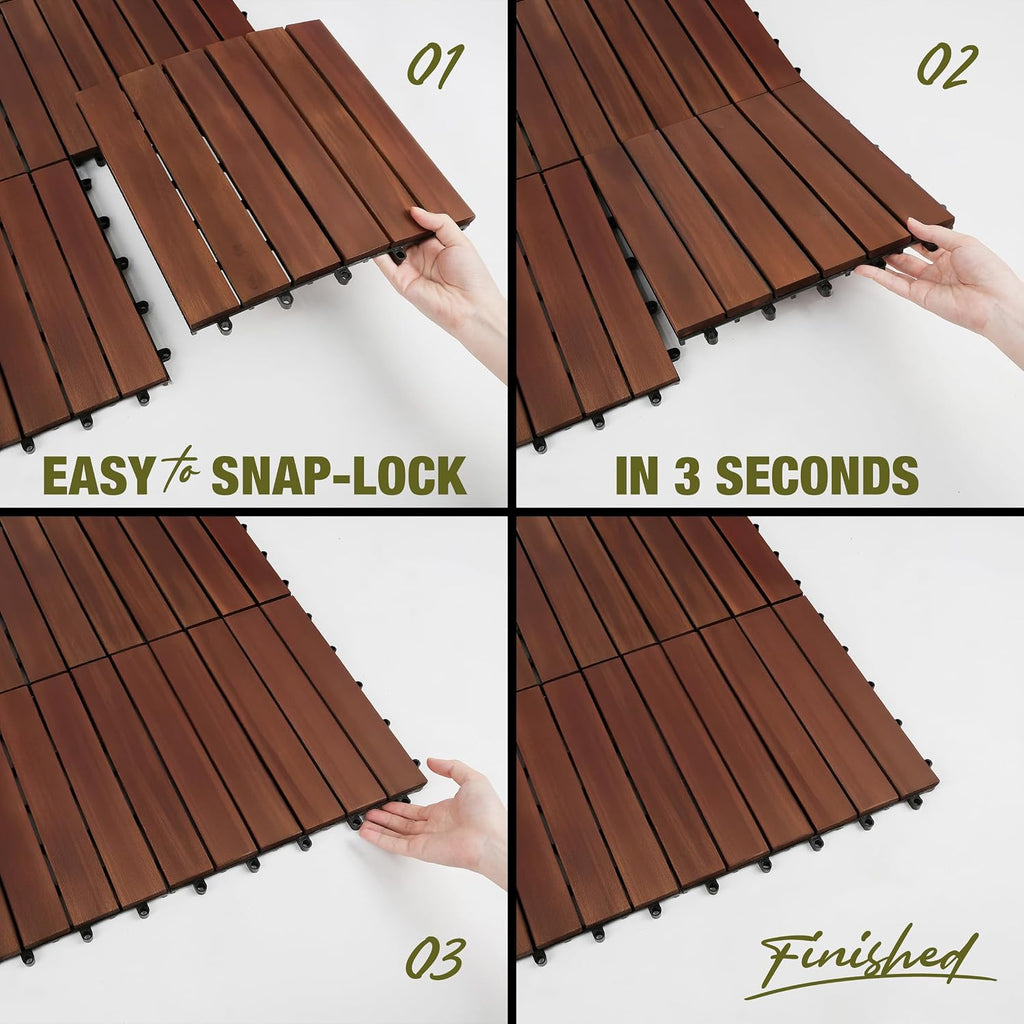 Acacia Wood Interlocking Deck Tiles, Patio & Backyard Tile, 12 in, 9 PCS