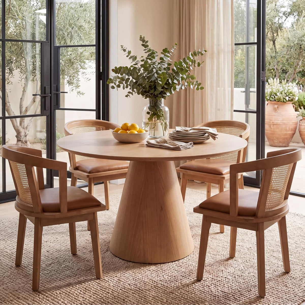 EALSON Rattan Mid Century Dining Chairs Set of 4 Modern Farmhouse Wooden Dining Room Chairs with Cane Curved Back Leather Upholstered Comfortable Kitchen Side Chairs for Restaurant, Brown